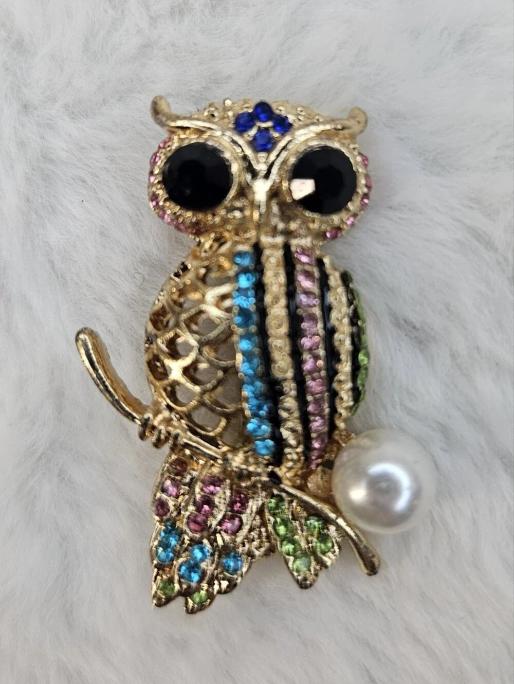 Gold-Tone Multicolor Crystal Owl Brooch with Pearl Accent
